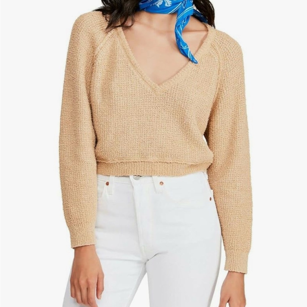 Free People Tan V-Neck Cropped Sweater